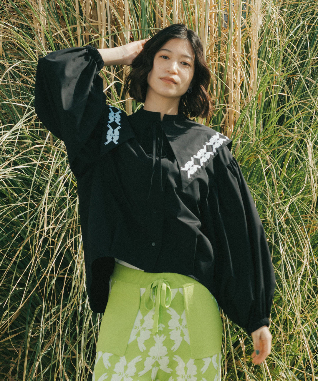 lucky charm motif big collar set blouse
