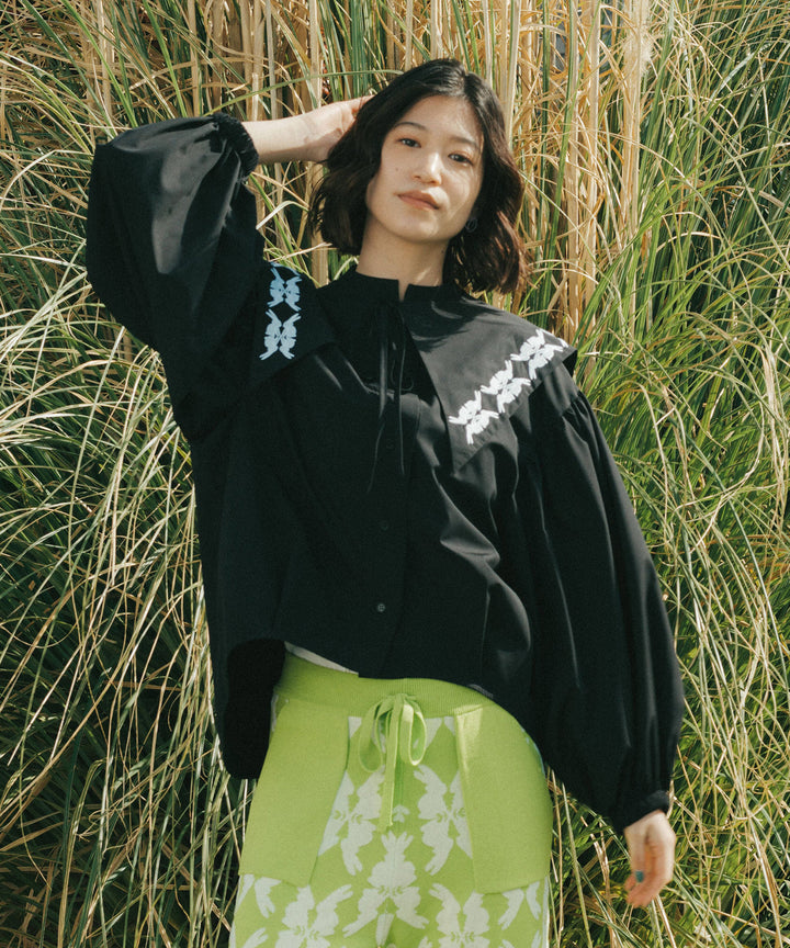 lucky charm motif big collar set blouse