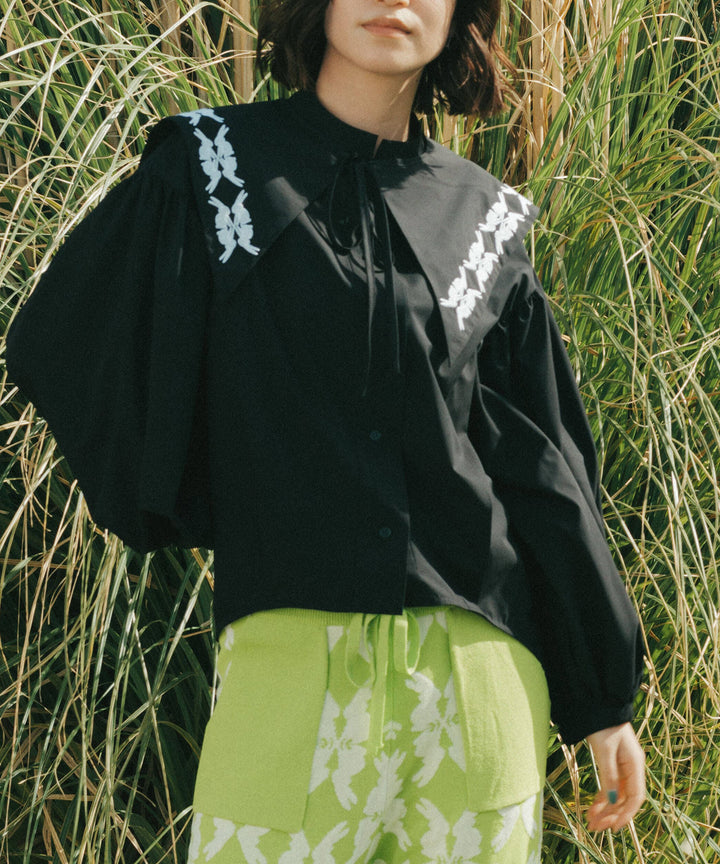 lucky charm motif big collar set blouse