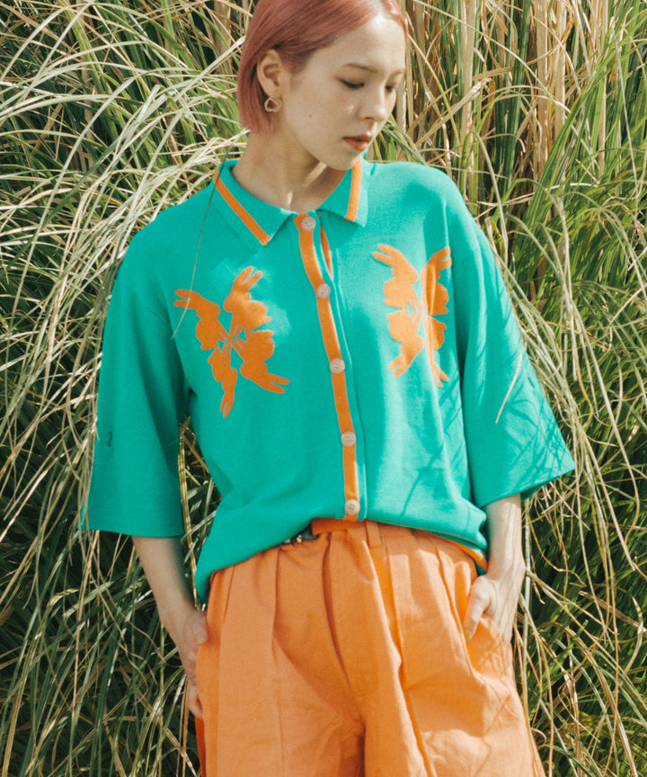 Lucky Charm Motif Knit Polo Cardigan