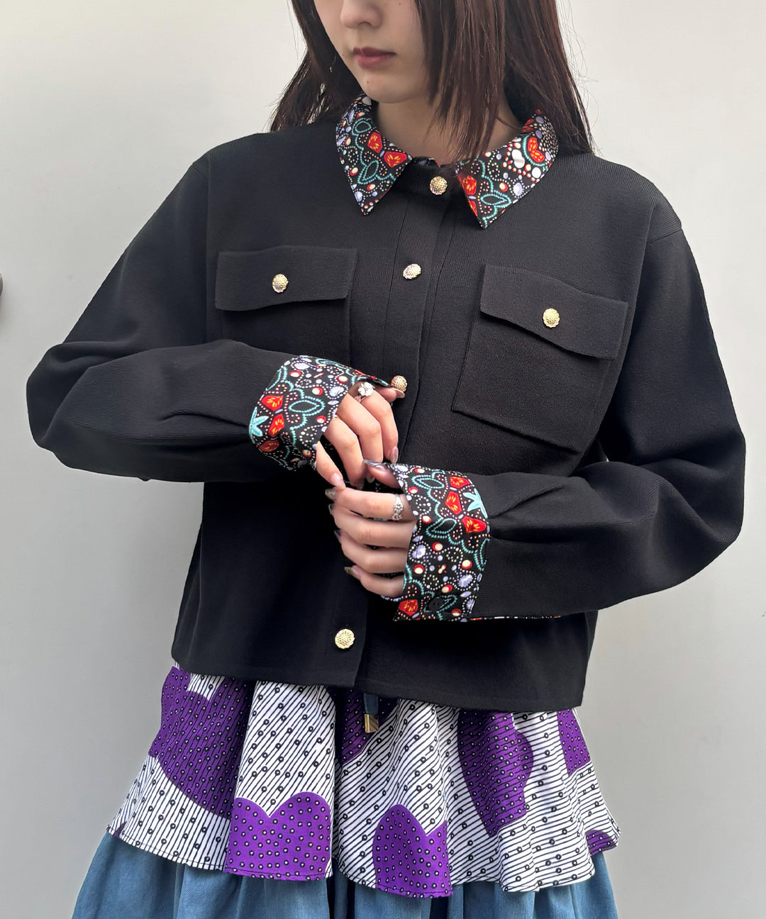 Shirt layered like knit cardigan