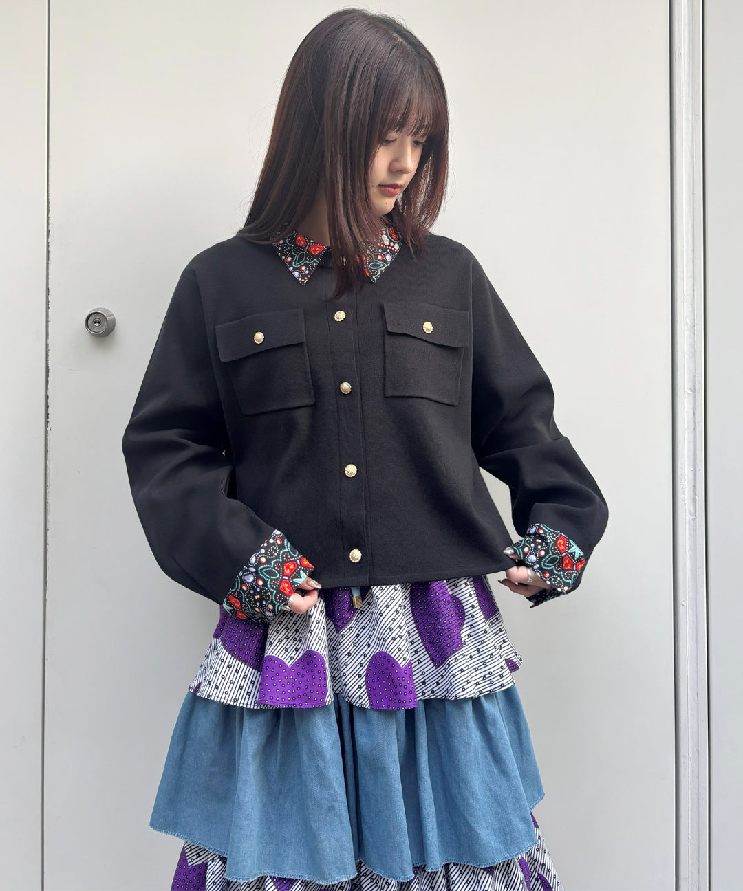 Shirt layered like knit cardigan