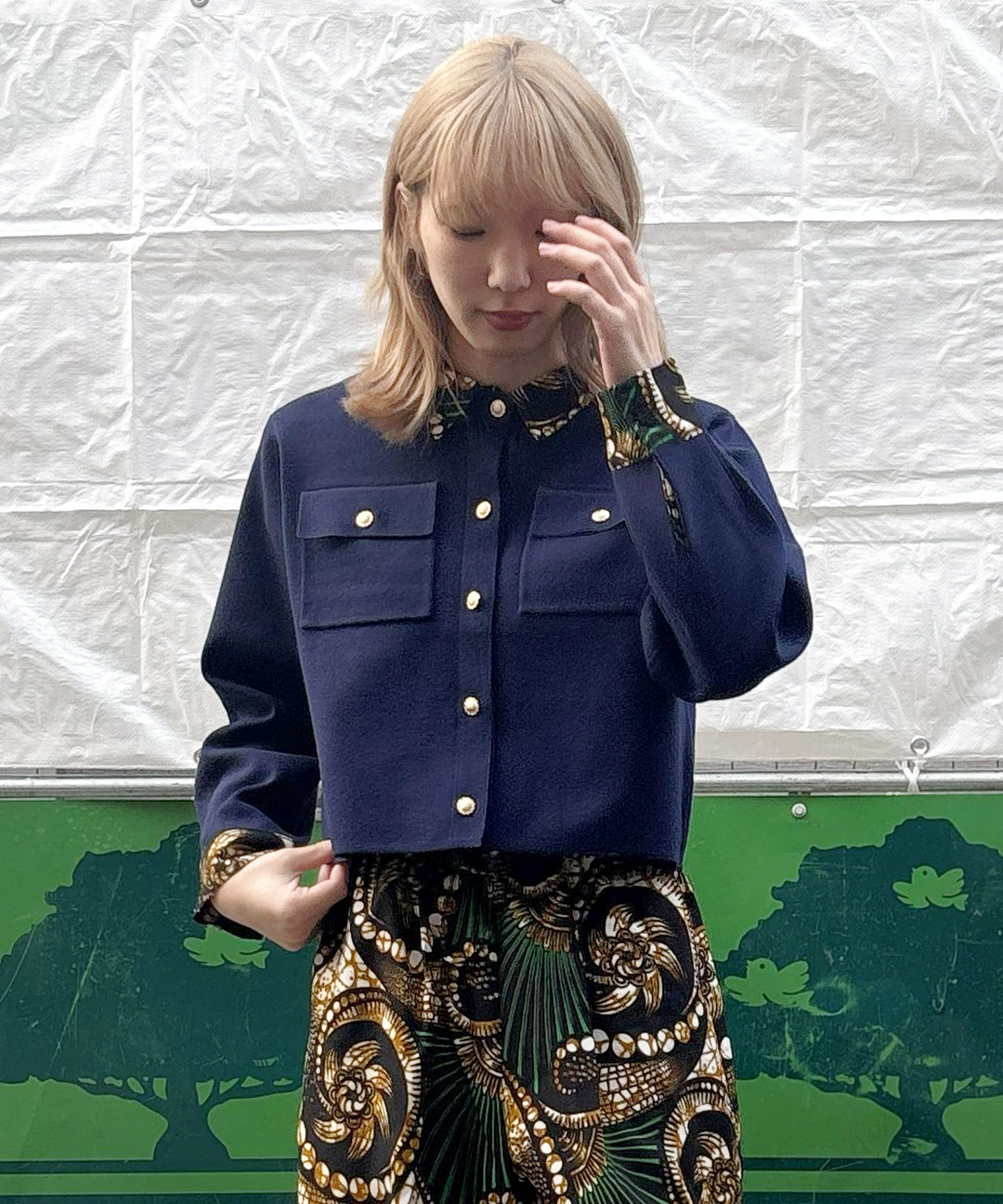 Shirt layered like knit cardigan