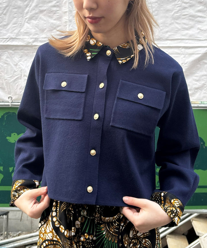 Shirt layered like knit cardigan