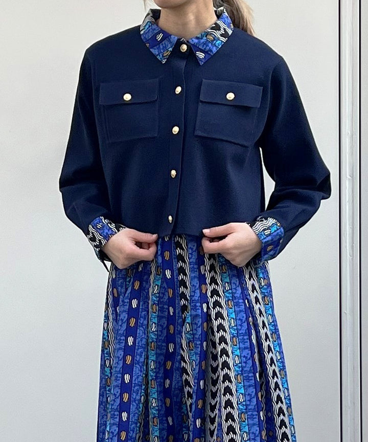 Shirt layered like knit cardigan