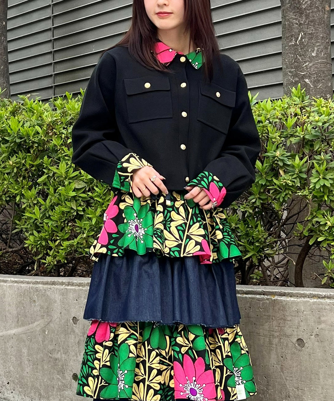 Shirt layered like knit cardigan