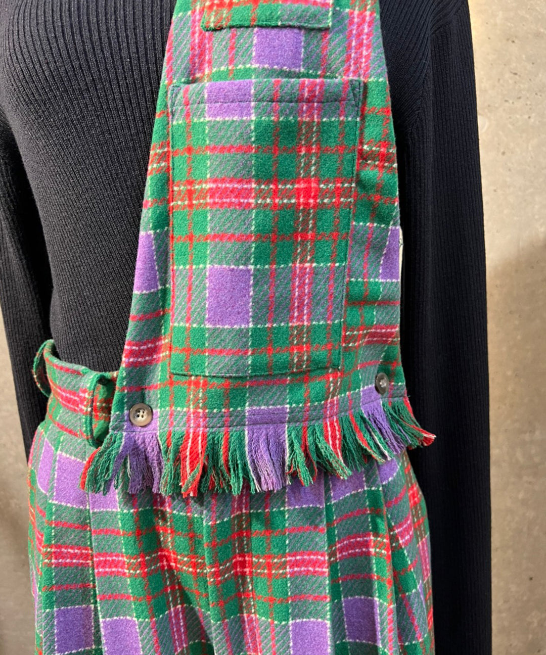 ワンショルベスト風サス付きチェックワイドパンツ