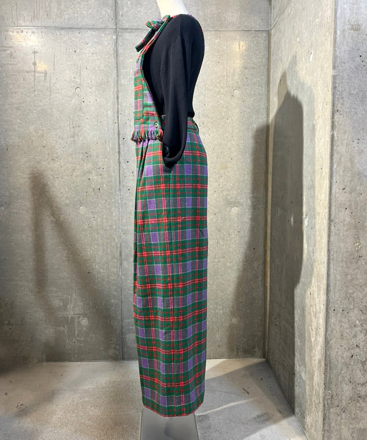 ワンショルベスト風サス付きチェックワイドパンツ