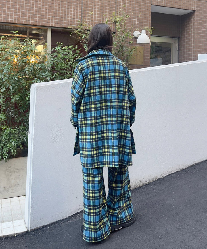 ワンショルベスト風サス付きチェックワイドパンツ