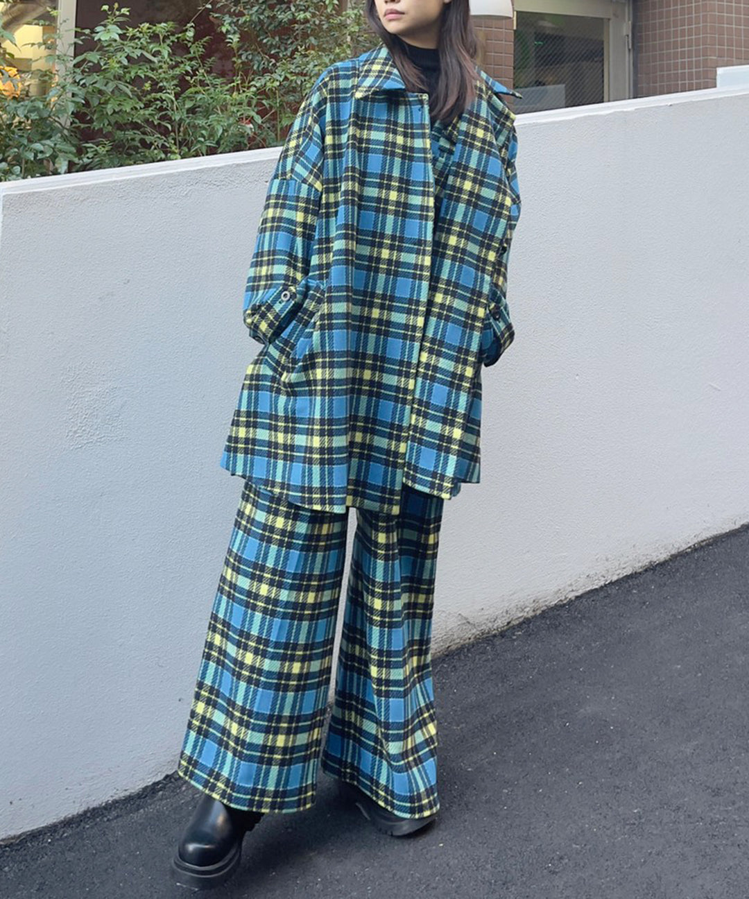 ワンショルベスト風サス付きチェックワイドパンツ