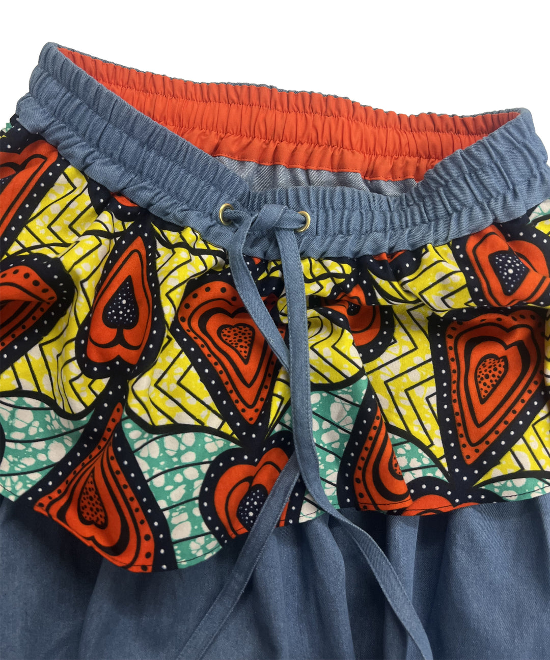 Denim × African fabric frill skirt