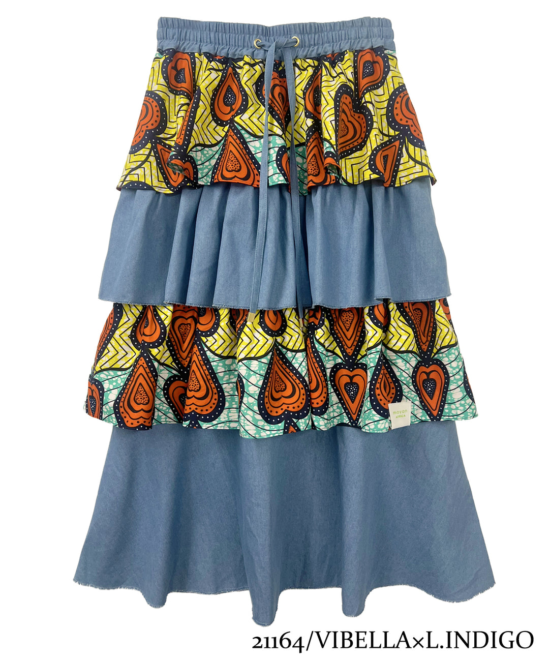 Denim × African fabric frill skirt