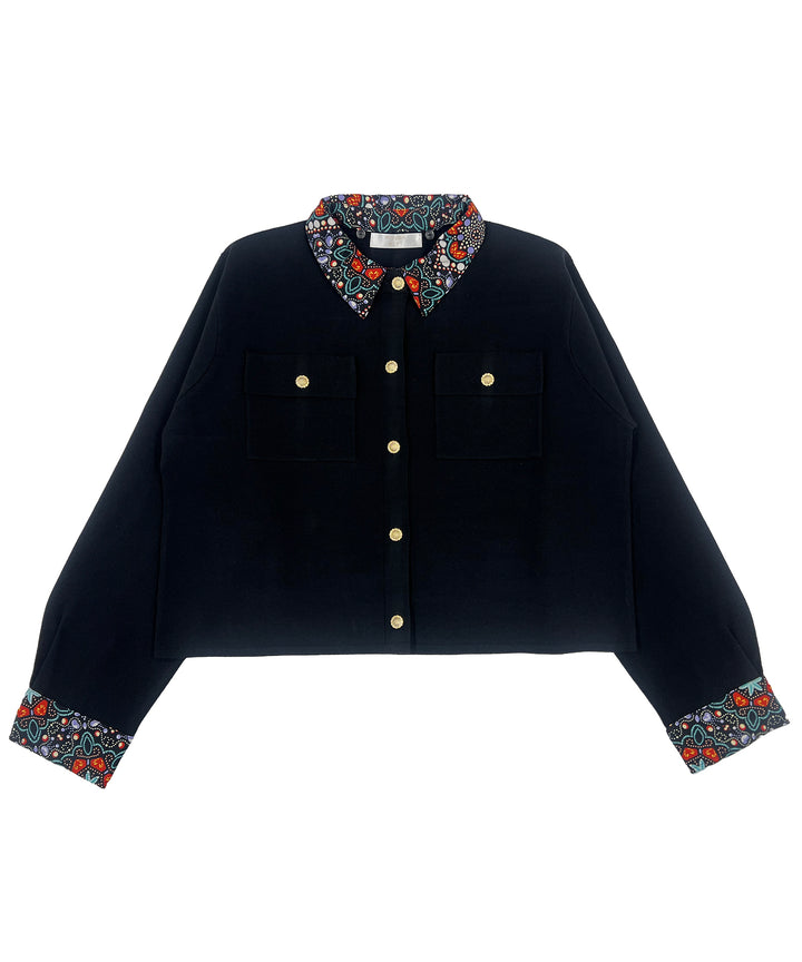 Shirt layered like knit cardigan